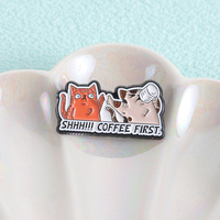 SHHH COFFEE FIRST Broche chat émaillée, motif chat mignon buvant du café, épinglette de revers pour vêtements, bijoux, cadeaux pour amis