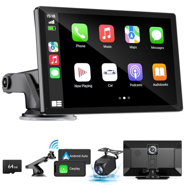 9" Portable GPS Navigation Bluetooth Carplay & Android Auto Car Stereo Wireless Carplay Screen for Apple with 1080p Camera