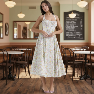 Nouvelle Robe Longue Princesse Vintage Slim-fit à Bretelles Imprimée Tendance avec Col Halter et Lacets en Mousseline Anti-statique – Collection Été 2026 - Product Image 2