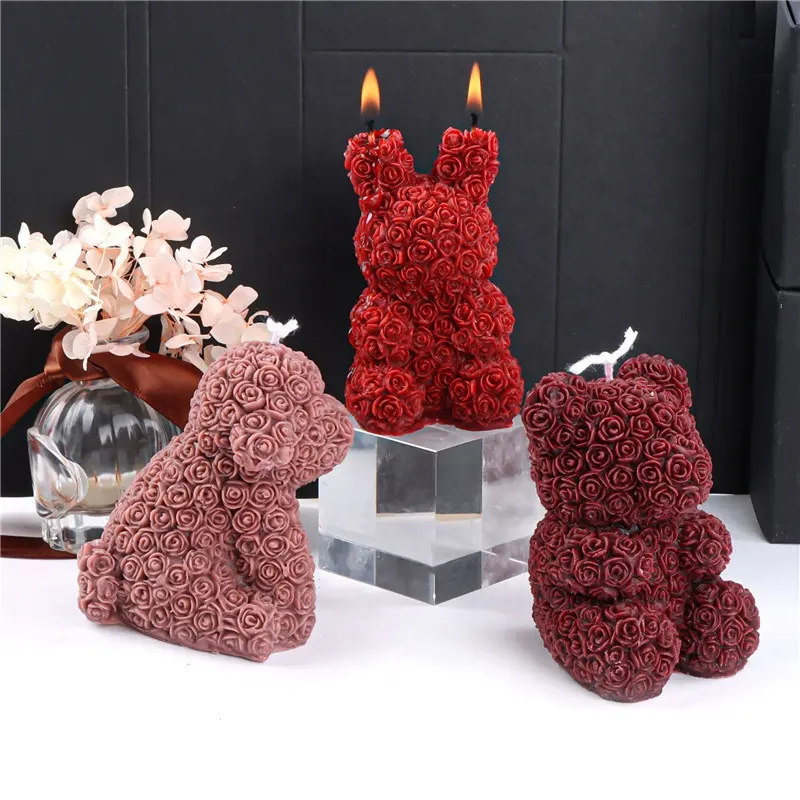 Molde de silicona para velas de oso Rosa 3D personalizado, molde de jabón de aromaterapia hecho a mano personalizado, molde para velas de flores de San Valentín DIY