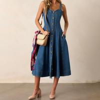 Robe midi décontractée sans manches avec bretelles pour femmes, jupe plissée en jean au design personnalisé
