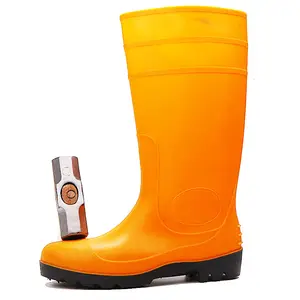 pvc knee high waterproof yellow work oil resistant anti slip industrial steel toe safety wellington rain gumboots for men