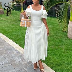 فستان ماكسي أنيق للنساء من شينغفو، أبيض اللون، بأكمام مكشكشة وأكتاف مكشوفة، تصميم مطوي وانسيابي لفصل الصيف - Product Image 1