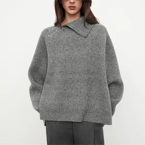 2024 Supplier Custom Luxury Women Quarter 1/4 Zip Up Crop Irregular Turtleneck Sweater Top Zipper Half Zip Wool Blend Knitwear