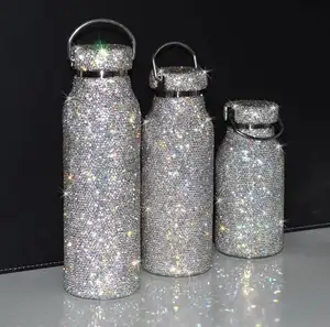 Botella de agua de acero inoxidable con diamantes de imitación para chica, frasco al vacío de lujo con cadena