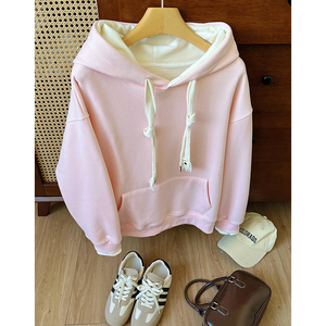 Sweat-shirt à capuche surdimensionné pour femme, col rond, avec logo personnalisé, broderie imprimée, vente en gros - Product Image 1