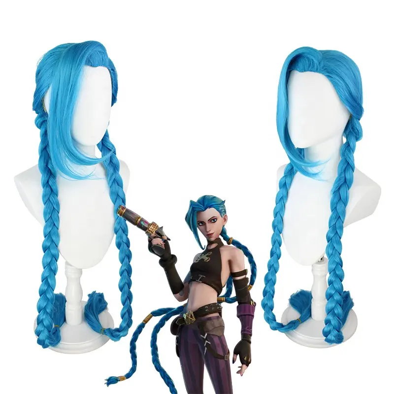 Disfraces de Anime LOL Jinx para mujer, peluca de Cosplay, cola de caballo doble azul, pelo largo de 120cm, fiesta de Halloween, venta al por mayor