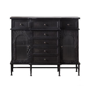 Black Italian Style Sideboard Solid Wood <b>Rattan</b> Woven Vintage <b>Cabinet</b> For Living Room Bedroom Dining Room - Product Image 5