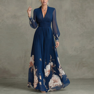 <span class=keywords><strong>Robe</strong></span> <span class=keywords><strong>longue</strong></span> fluide en mousseline <span class=keywords><strong>bleu</strong></span> <span class=keywords><strong>marine</strong></span> pour femme, col en V profond, manches longues, imprimé floral, vente en gros <span class=keywords><strong>d</strong></span>'usine - Product Image 5
