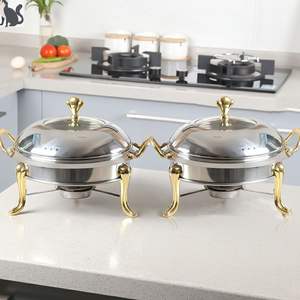 DB 2X Round Buffet Chafing <b>Dish</b> Stainless Steel <b>with</b> Gold Accents <b>Glass</b> Top <b>Lid</b> for Party Tableware & Decorations - Product Image 3
