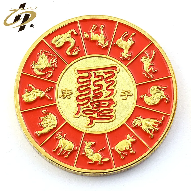 Shuanghua-moneda de recuerdo del zodiaco chino, esmalte suave personalizado de metal dorado 3d, venta al por mayor