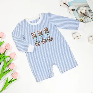 Puresun manica lunga pasqua giorno Applique set di abbigliamento in cotone per bambini Baby Blue Stripe carota coniglietto pigiama Smocked