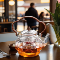 Théière à double usage avec verre borosilicate, poignée en bois, grande capacité 1100 ml, lanterne artisanale soufflée à la main