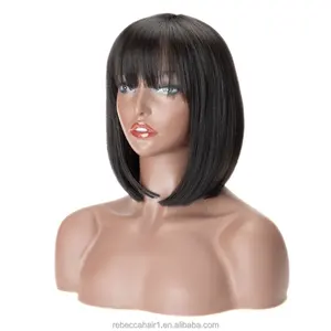 100% Wig rambut manusia India Cina Virgin Wig rambut Bob pendek lurus Wig rambut manusia Remy dengan poni untuk wanita