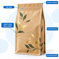 Sachet personnalisé en papier kraft sans fenêtre pour tisanes, scellé sur huit côtés avec marquage à chaud, pour la vente au détail et en gros