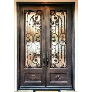 仿古设计室外安全入口锻铁和玻璃门铁入口门