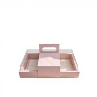 Roze dubbele grid-handgreep recyclebare food grade taartdoos met transparant PET venster, UV-coating, twee compartimenten, dessert cadeaudoos voor mousse