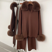Ensemble de chandails tricotés populaires Jancoco, chandail ample pour femmes en vraie fourrure de renard et pantalon