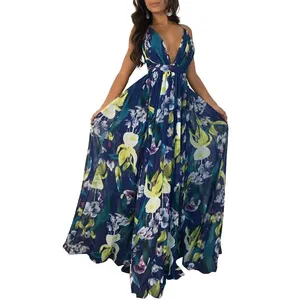 New arrival Floral Print Backless Casual Boho Dresses For Women Summer Beach Long Dress