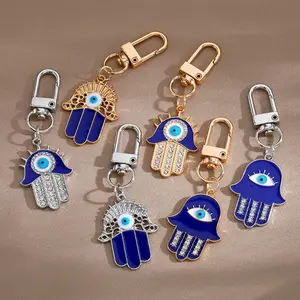 Unique Devil's Eye Charm Key Ring Accessories CZ Crystal Enamel Bule Hand Of Fatima Pendant Keychain