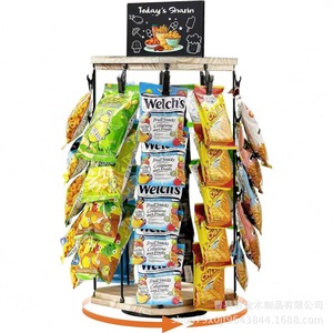 Wooden Rotating Snack Display Rack With Iron <b>Hooks</b> For Supermarket Candy And Chip Storage Desktop Organization Multipurpose - Product Image 1