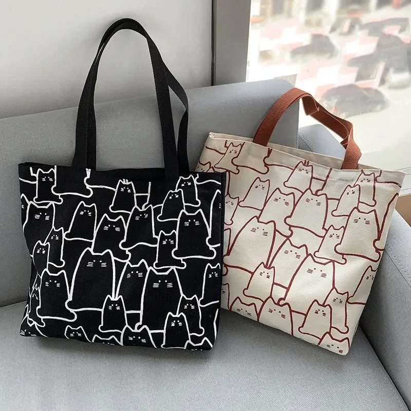 Canvas Bags Handbag for Women 2022 Shopper Cute Cat Tote Bag with Zipper Designer Bag Japanese Style Cartoon