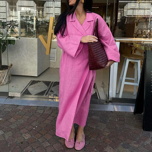 Elegante Chic da donna avvolgente in lino <span class=keywords><strong>rosso</strong></span> con risvolto a maniche <span class=keywords><strong>Kimono</strong></span> con cintura lunga Maxi abito Casual elegante per l'estate tinta unita naturale - Product Image 2