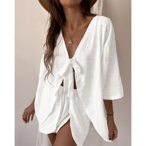 2025 nuova vestaglia Sexy Cardigan e Shorts <span class=keywords><strong>pigiama</strong></span> tinta unita indossano completi da donna - Product Image 4