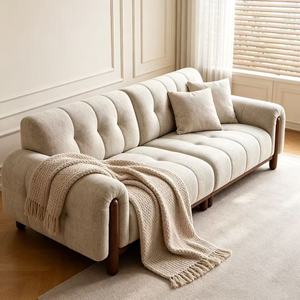 Modern Tufted Fabric <b>Sofa</b> Three Seat With Wood Legs Chesterfield Style Living Room Furniture - Product Image 4