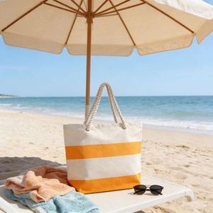 Fashion Canvas <b>Beach</b> <b>Bag</b> Striped Print <b>Large</b> Capacity Single Shoulder Tote Custom Logo Shopping Handbag - Product Image 4