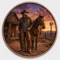 Pièces de monnaie en cuivre à haute relief 5 oz .999 Cuivre pur Pièce ronde Cowboy Ranch Coucher de soleil Impression UV colorée Pièces de monnaie en cuivre