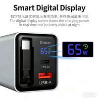 Nouveau chargeur GaN 65W à charge rapide 2026 avec câble rétractable et affichage numérique de la puissance, universel pour téléphones, ordinateurs portables et tablettes