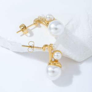 Boucles d'oreilles inhabituelles en acier inoxydable vintage français 18K pour fille de fête de mariage Boucles d'oreilles en perles élégantes hypoallergéniques - Product Image 4