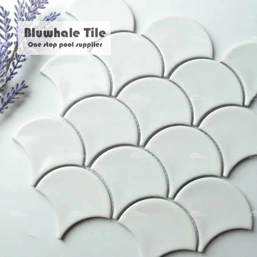 Bluwhale Supply Moroccan Fan Shape White Mosaic Tile Bathroom Shower Wall Glaze Ceramic Pool Fish Scale Mosaic White