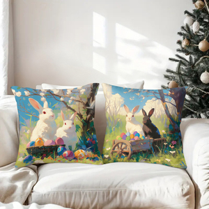 Cuscini decorativi con coniglietto pasquale, uova colorate e scene di foresta primaverile - Product Image 3