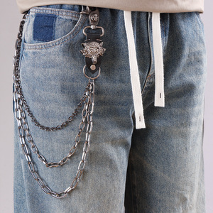Wolf <b>Head</b> Cowhide Multi Layer Trouser Chain Gunmetal Color Punk <b>Style</b> Waist Chain For Casual Wear Double Ring Design - Product Image 2