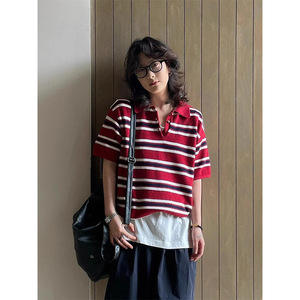 Top Estivo da <span class=keywords><strong>Donna</strong></span> in Maglia di Viscosa e Acrilico a Righe Stile Giapponese Retrò, Manica Corta, Vestibilità Ampia, Stile Preppy Casual - Product Image 4