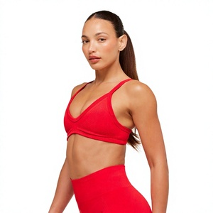 Women Red V-Neck Spaghetti Strap Sports Bra Seamless Medium Support Yoga Fitness Workout Breathable Stretch Activewear - Product Image 2