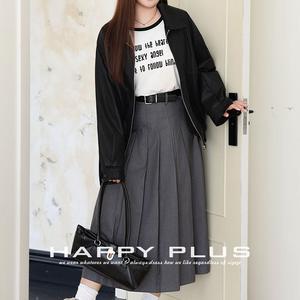 Ensemble pour femmes Runqi, veste en cuir taille plus, t-shirt à imprimé lettres, jupe plissée grise, tenue décontractée style universitaire N9048 - Product Image 4