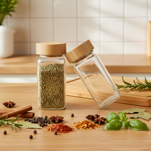 Bouteilles à épices en verre avec couvercles en bambou et couvercles doseurs, bocaux carrés hermétiques pour assaisonnements - Product Image 5