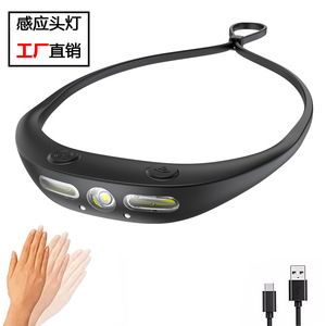 Lampe frontale étanche en silicone COB à capteur de mouvement transfrontalier, rechargeable par USB, double source lumineuse, haute intensité pour l'extérieur - Product Image 1
