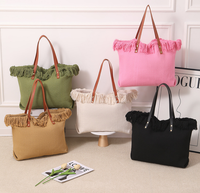 Sac fourre-tout Hobo en toile tissée avec pompons, grande capacité, pour usage quotidien, étudiants et navetteurs, couleur macaron, style plage de luxe