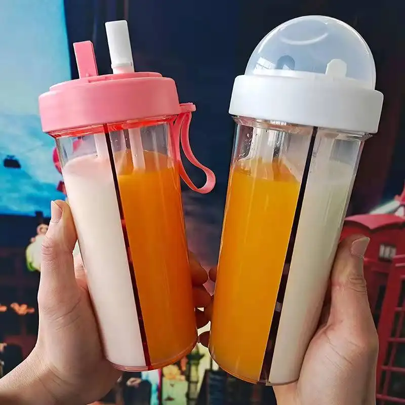 Nieuwe Hot 600Ml 20Oz Dual-Gebruik 2 Drankjes In Een Cup Afgegeven Twee Rietjes Plastic Waterfles voor Gym Sport Outdoor