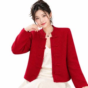 Women's <b>Red</b> Mandarin Collar Knitted <b>Cardigan</b> Full Sleeve Chinese Style Wool Winter Sweater Thick Hand Knitted Solid Color - Product Image 1