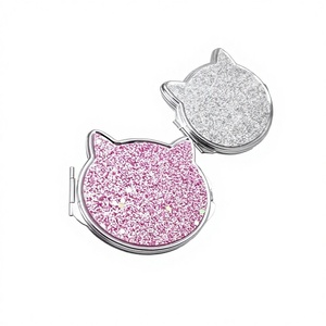 Cat Head Shaped Glitter <b>Compact</b> <b>Mirror</b> Side Opening Silver Electroplated Metal Frame Folding Dual Sided Pocket Makeup <b>Mirror</b> - Product Image 2