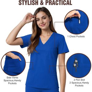 Women's V-Neck Scrub Top <b>4</b> Pocket Premium Stretch Medical Uniform Hospital Workwear Blue - Product Image 3