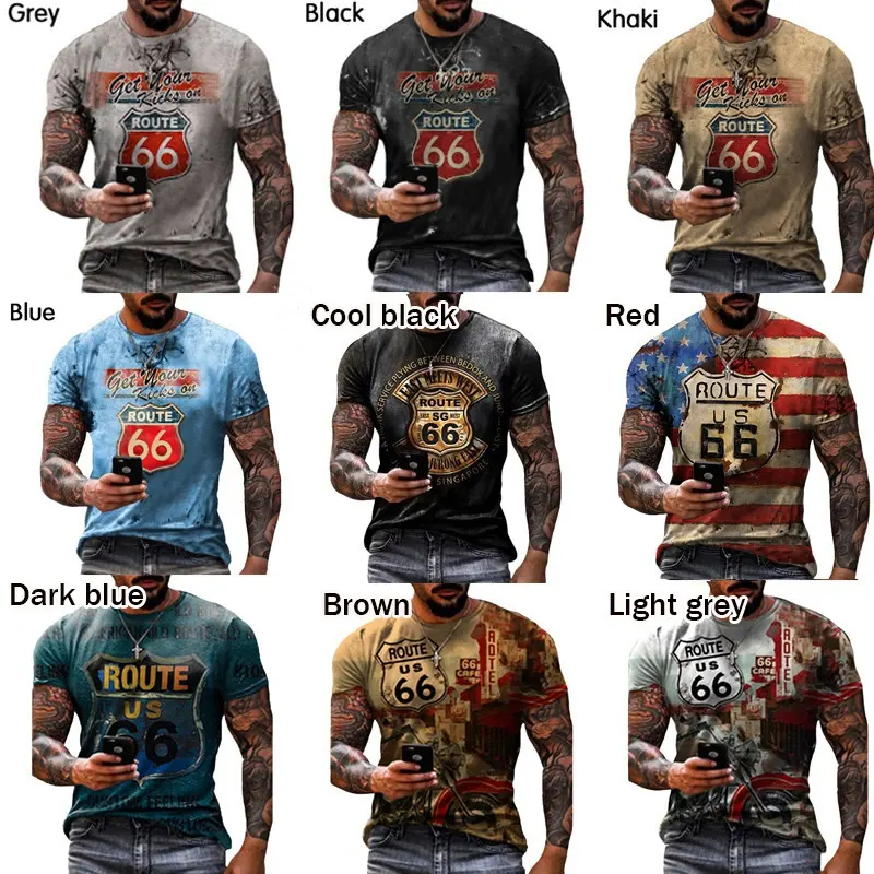 Men's Fashion 66 Road Short Sleeve 3D Print Graphic Tee T Shirts for Men Round Neck Casual Tops Cool Streetwear Plus Size