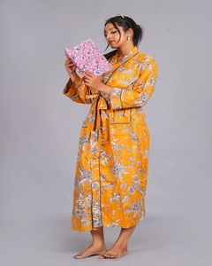 Robe de plage de luxe pour femme, imprimée à la main, 100 % coton satiné, manches longues, longueur genou, avec cordon de serrage - Product Image 3