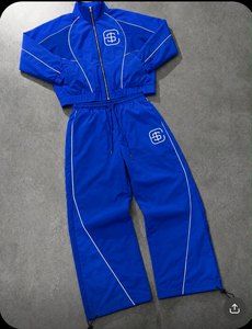 Custom 2 Piece Tracksuit Set <b>Track</b> <b>Jacket</b> Wide Leg Pants Royal Blue Nylon Streetwear Wholesale Clothing Manufacturer - Product Image 2