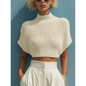 Pull côtelé à manches courtes pour femme, taille XS, bleu ciel, col montant, tricot court - Product Image 1